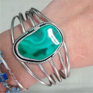 Green Malachite Sterling Silver Bracelet Signed 925 Navajo